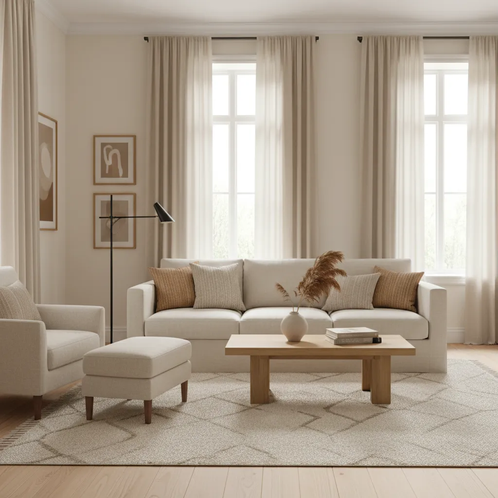 Living room with cream walls and neutral curtains showing balanced warm interior