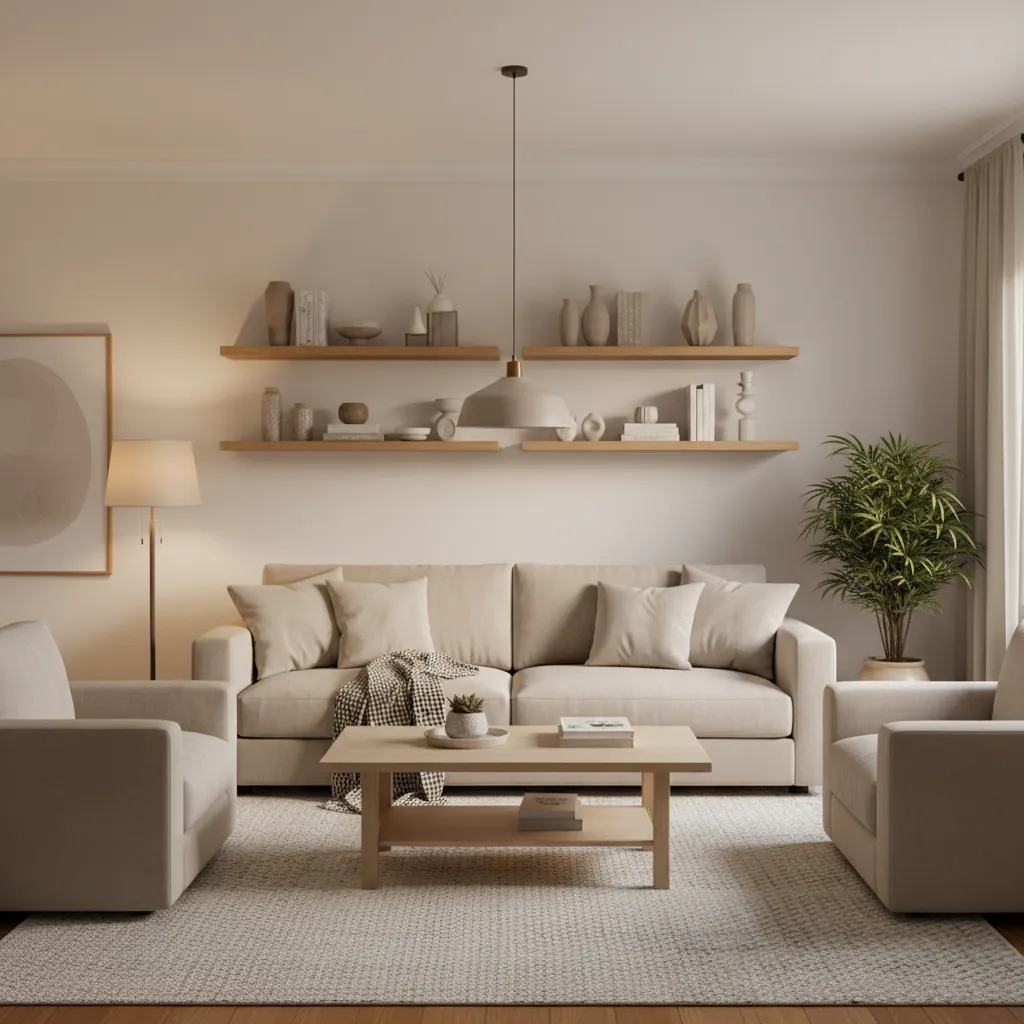 cream painted living room with light wood furniture and natural textures
