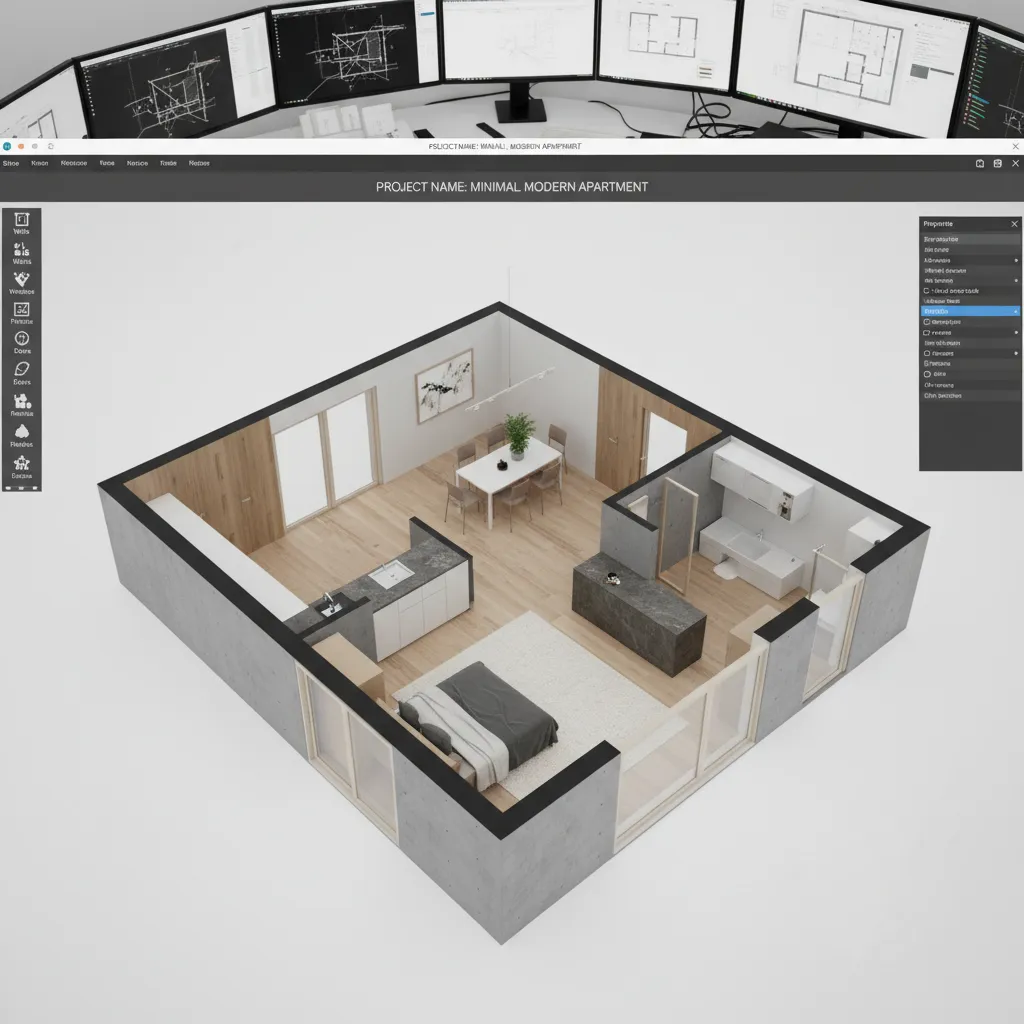 Plano digital de una casa siendo diseñado con paredes y ventanas en 3D