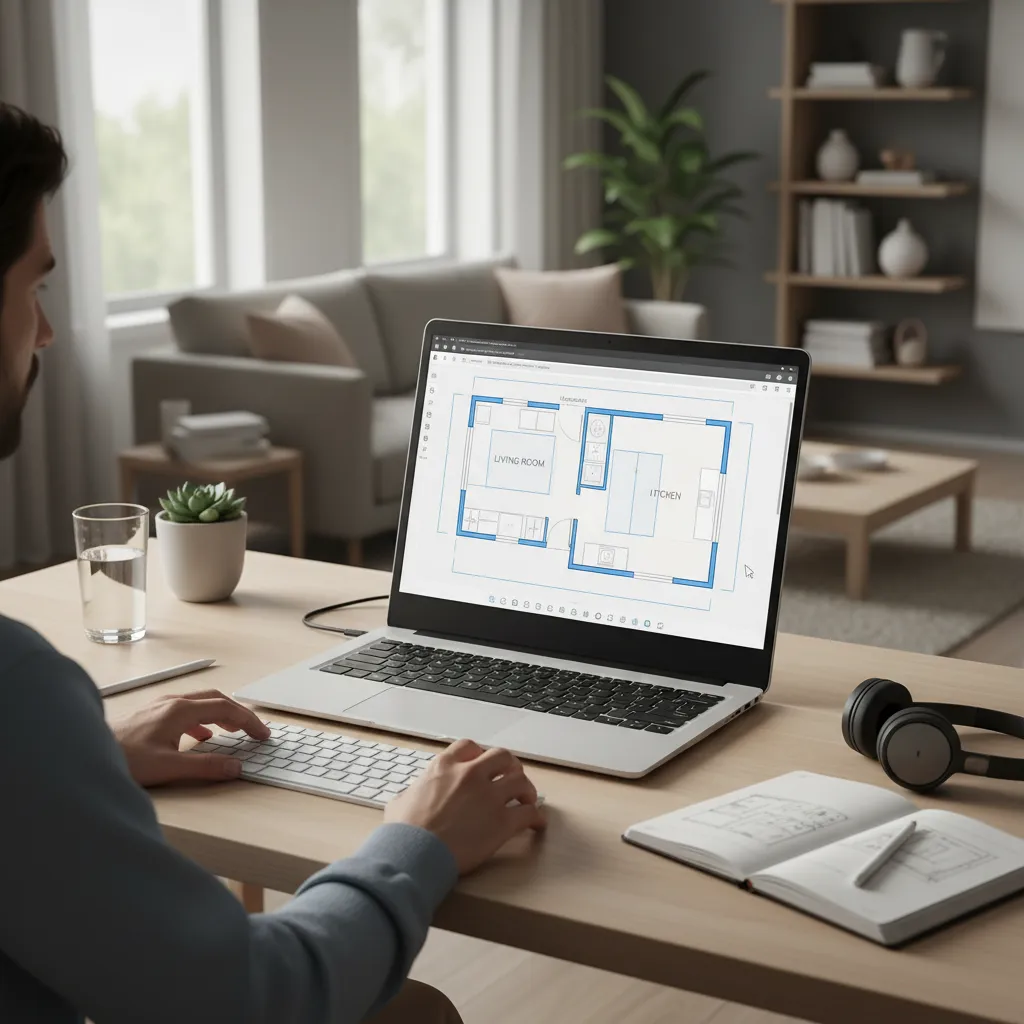 persona dibujando plano de casa en software online