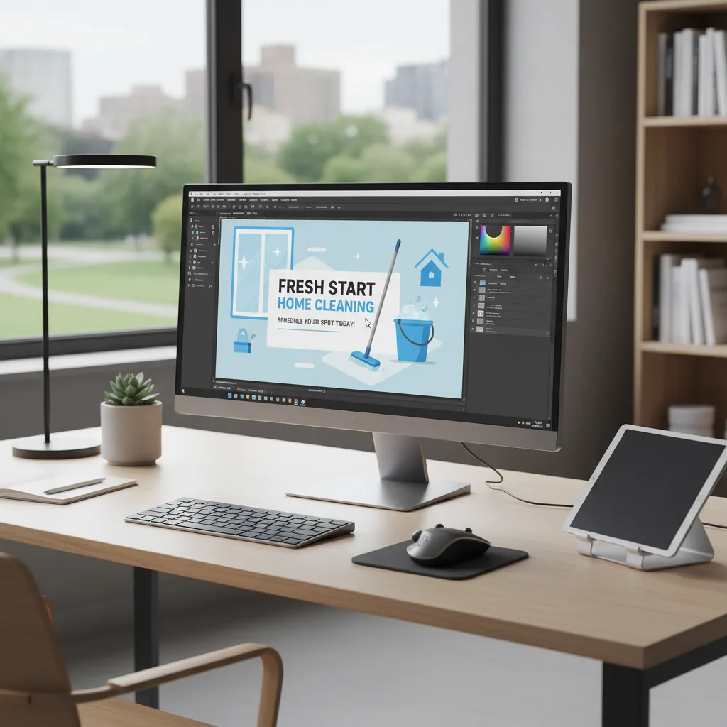 Persona diseñando un flyer de limpieza en una computadora