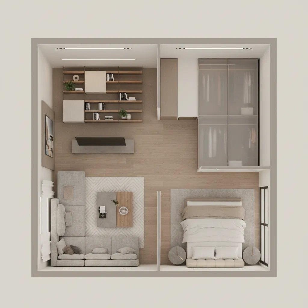 visualización 3D de un plano de habitación con muebles y distribución