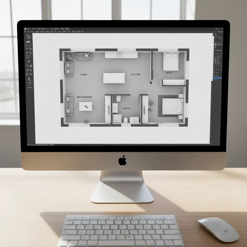 Plano digital de una vivienda en proceso de diseño en 3D