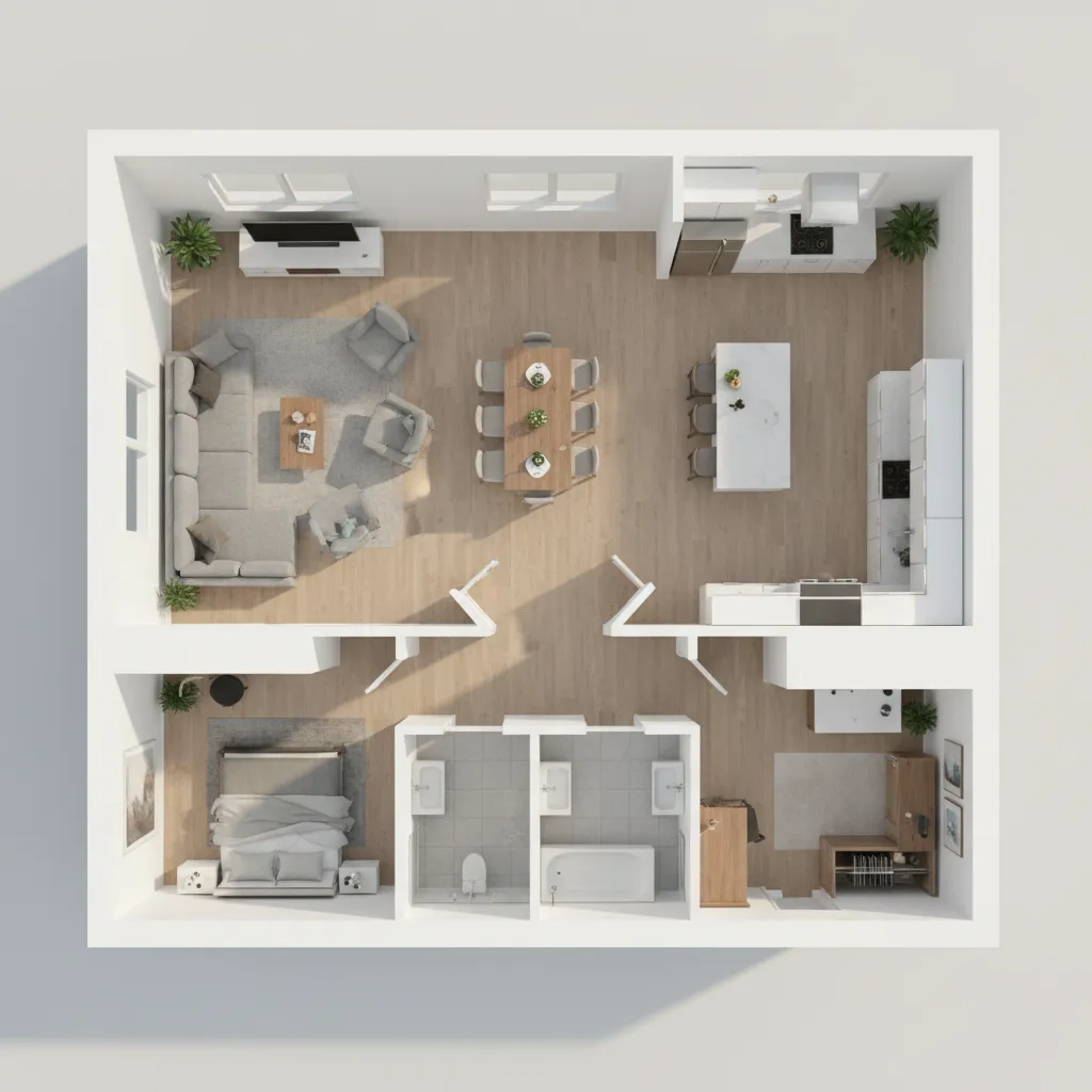 Plano 3D de una vivienda con distribución de habitaciones