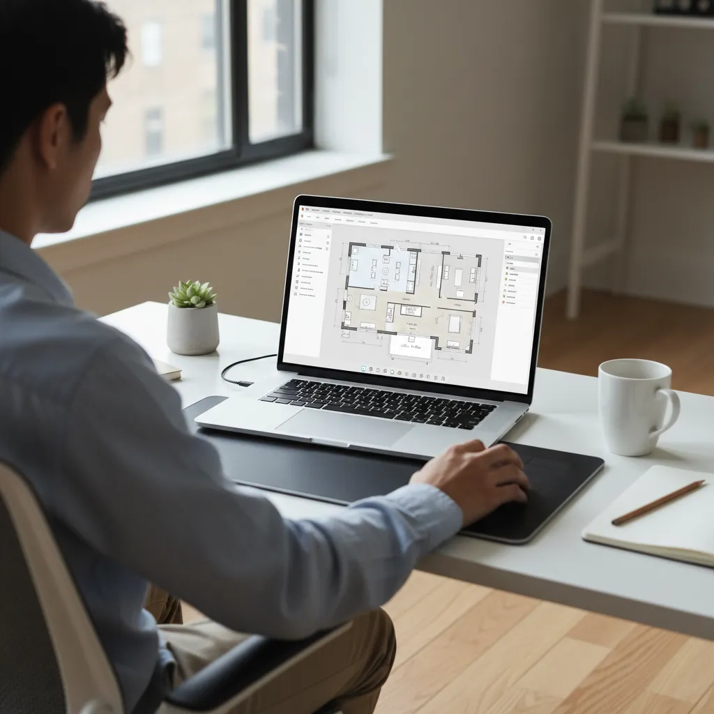 Man using a laptop to create a detailed interior design drawing of a home layout
