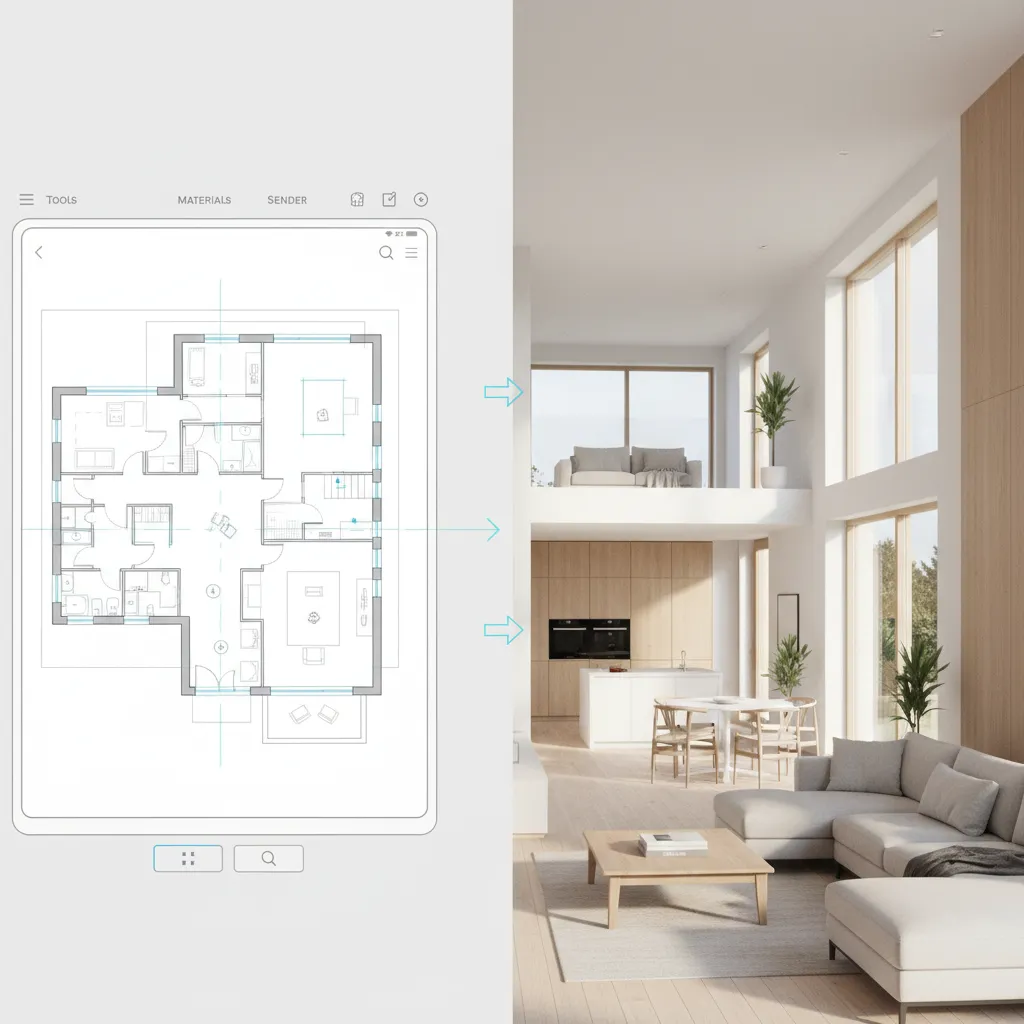 Plano de casa digital transformándose en modelo 3D