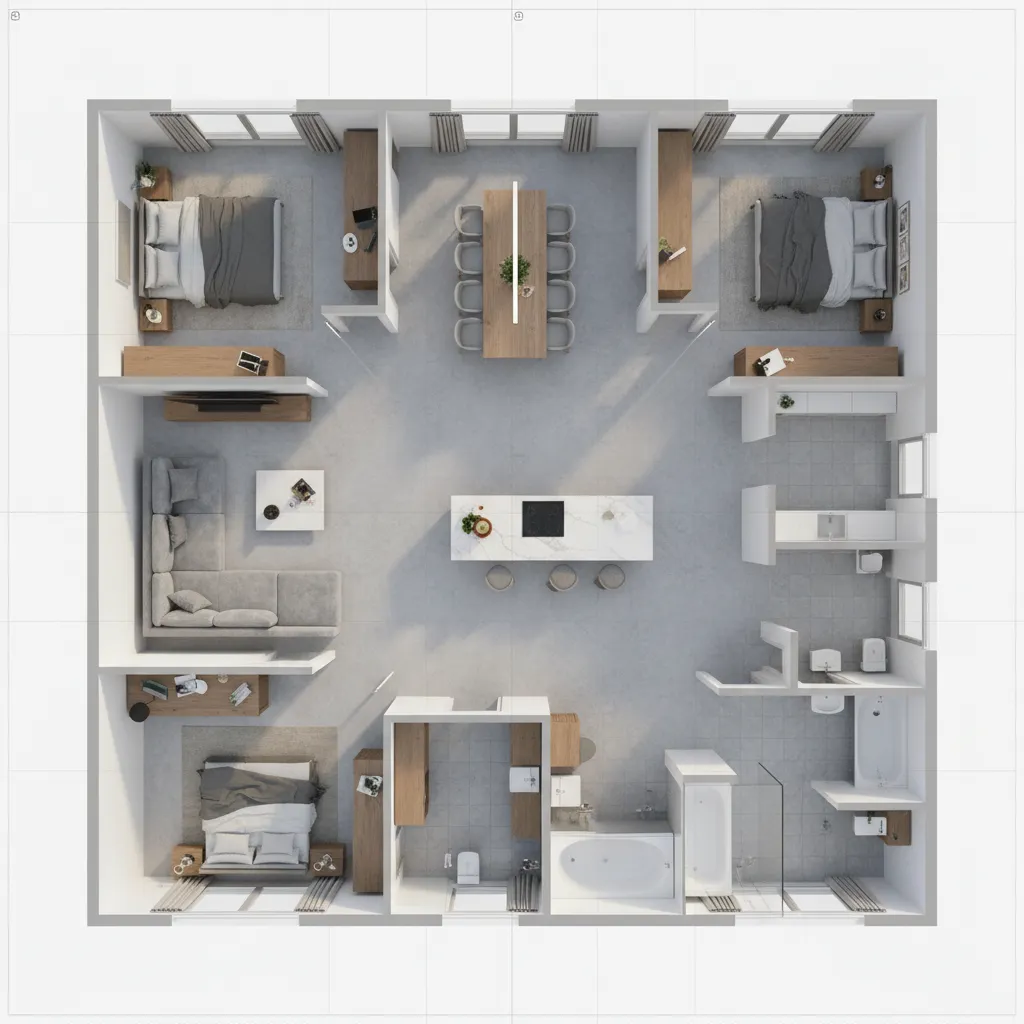Plano de apartamento en 3D con varias habitaciones y distribución de muebles