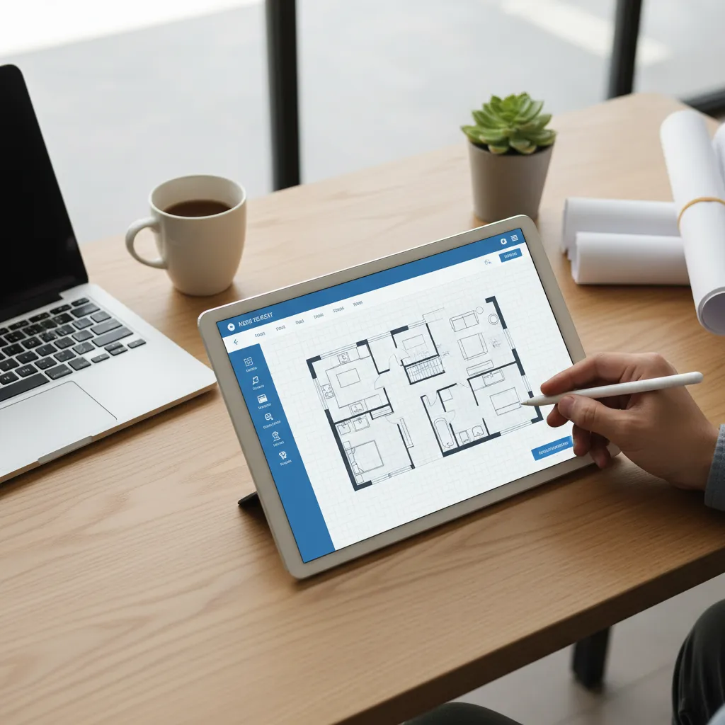 Plano digital de vivienda siendo editado en una aplicación móvil de diseño