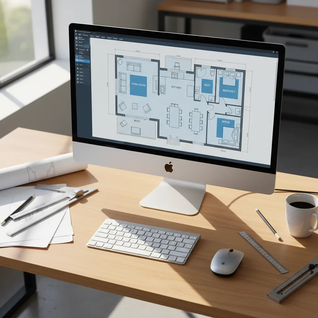 Desktop computer on wooden desk displaying a clear 2D house floor plan with labeled rooms