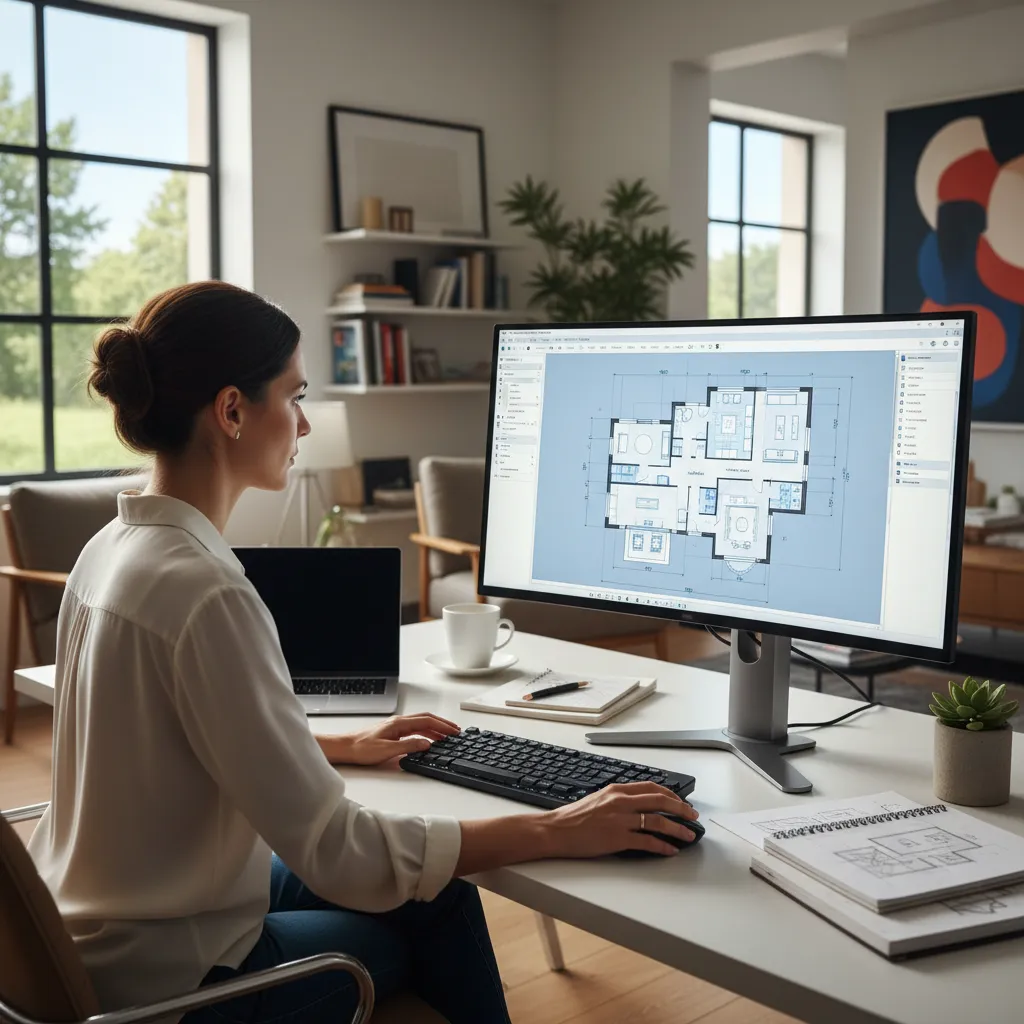 Persona diseñando un plano de casa en software de planificación digital