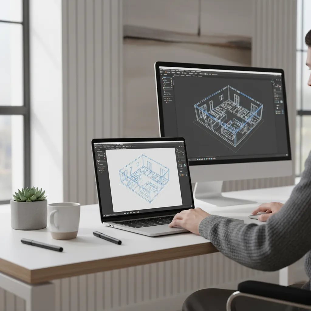 Designer using laptop and computer monitor to create digital three dimensional house floor plan design