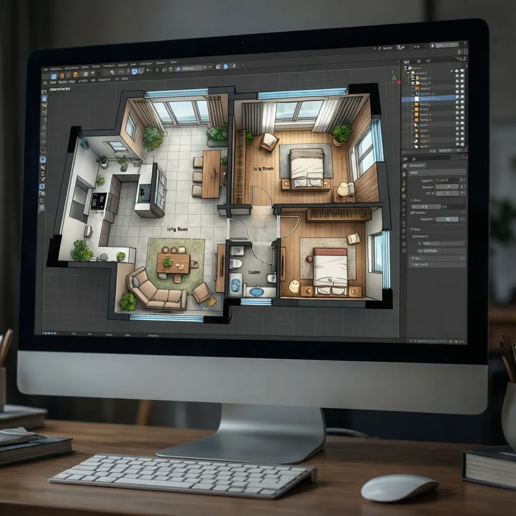 Plano digital de una casa con habitaciones marcadas en un software de diseño