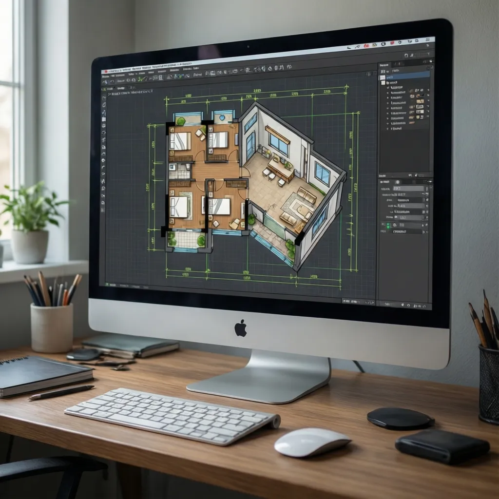 Interfaz digital mostrando la creación de un plano de casa con habitaciones y medidas