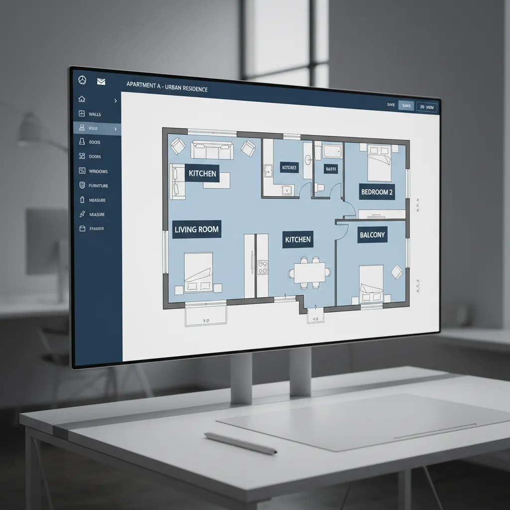 interfaz digital mostrando un plano de vivienda con habitaciones y medidas