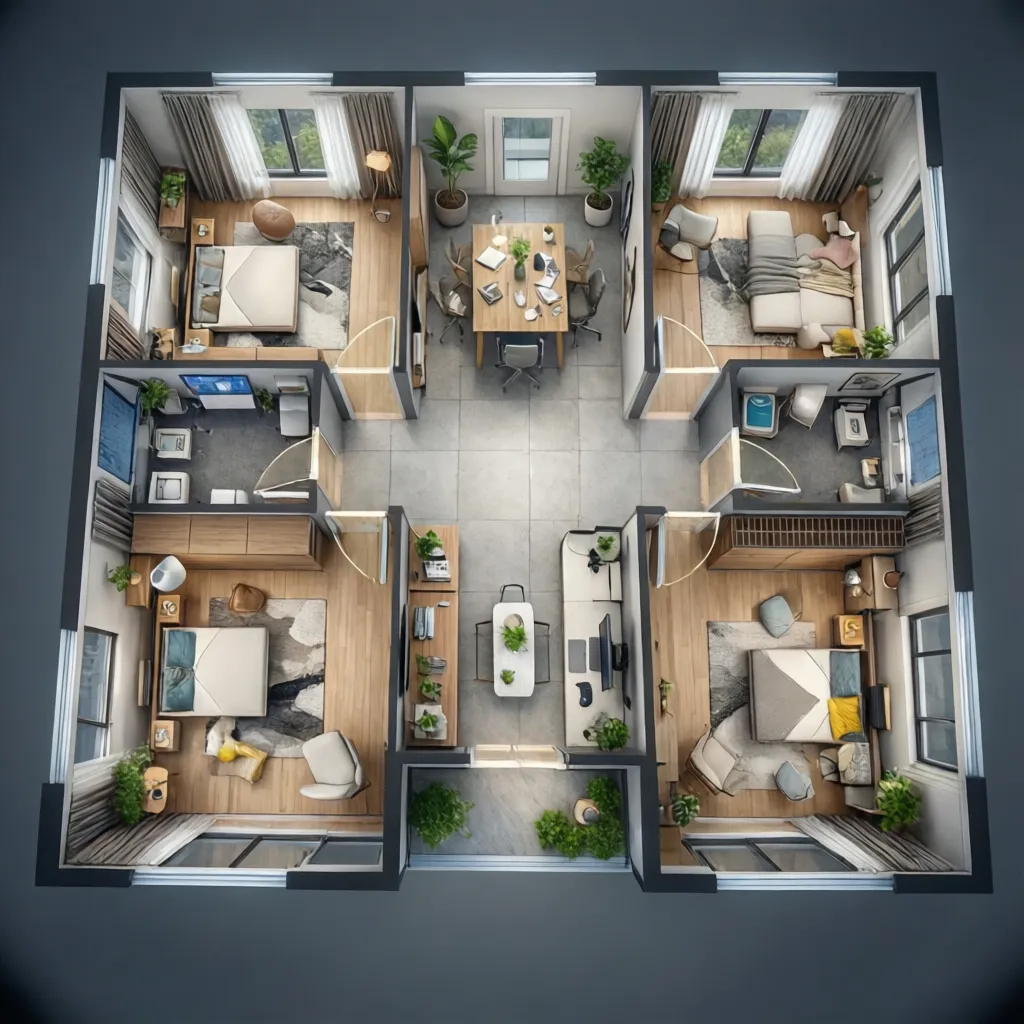 Plano digital de una vivienda con habitaciones y muebles distribuidos