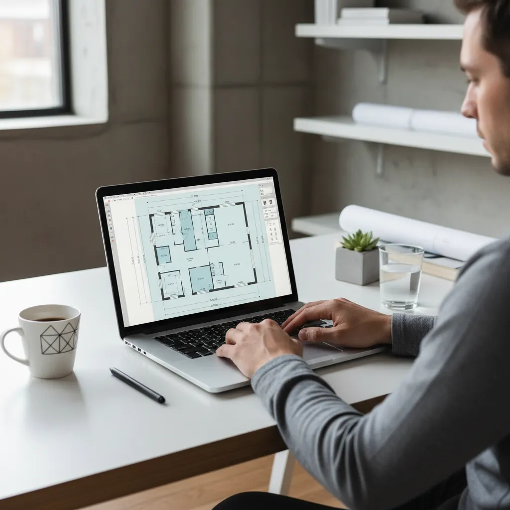 Usuario creando un plano de casa online con paredes y medidas visibles