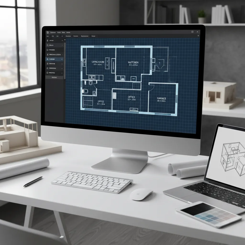Coohom software showing a room layout drawing with building models on a white work desk
