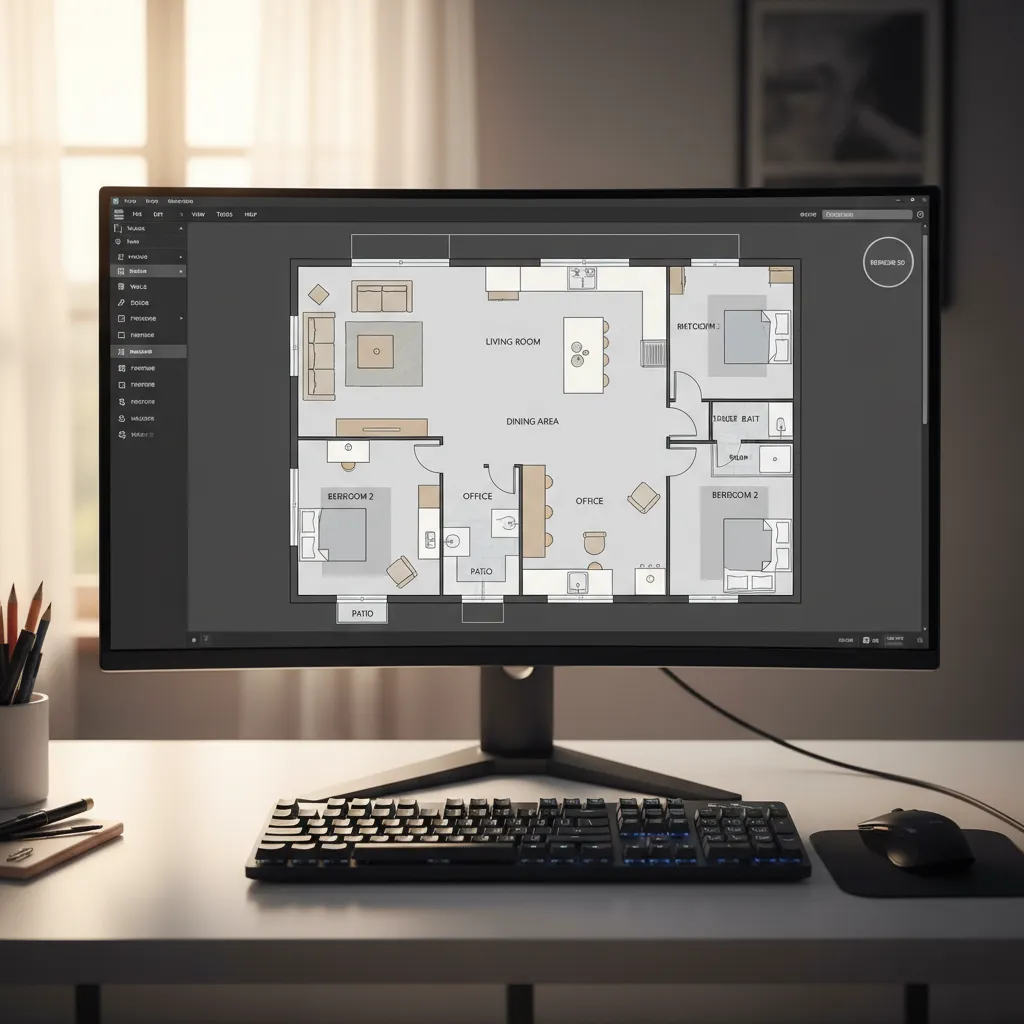 Interfaz de software mostrando un plano de casa en 2D con habitaciones