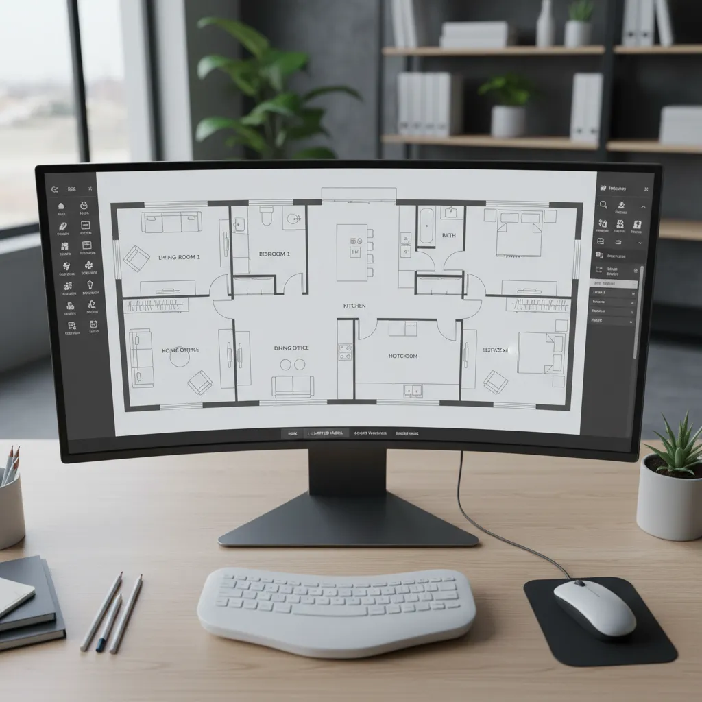 Interfaz de software mostrando un plano de casa con habitaciones y medidas