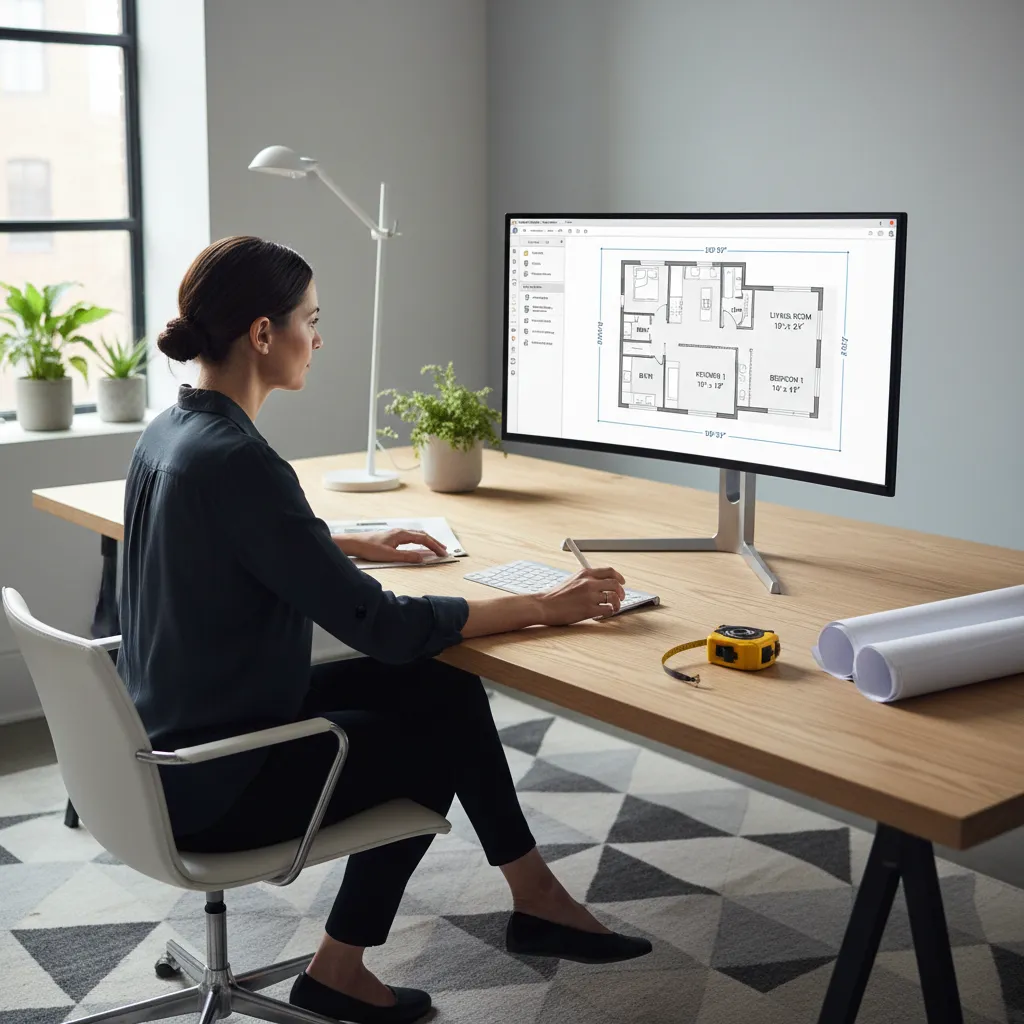 Woman at wooden desk using computer to create floor plan with measuring tape and paper