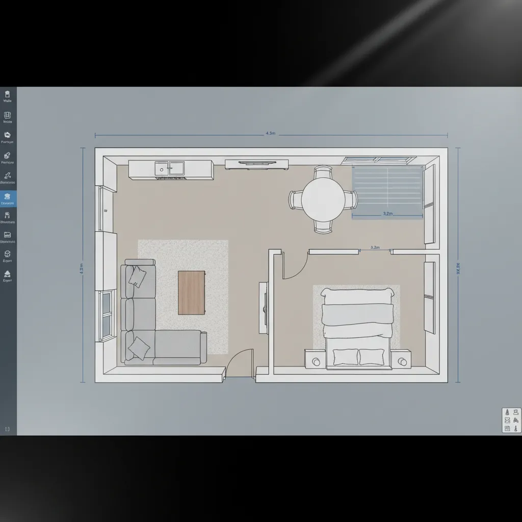 Coohom 2D floor plan showing a living room kitchen dining area and one bedroom layout