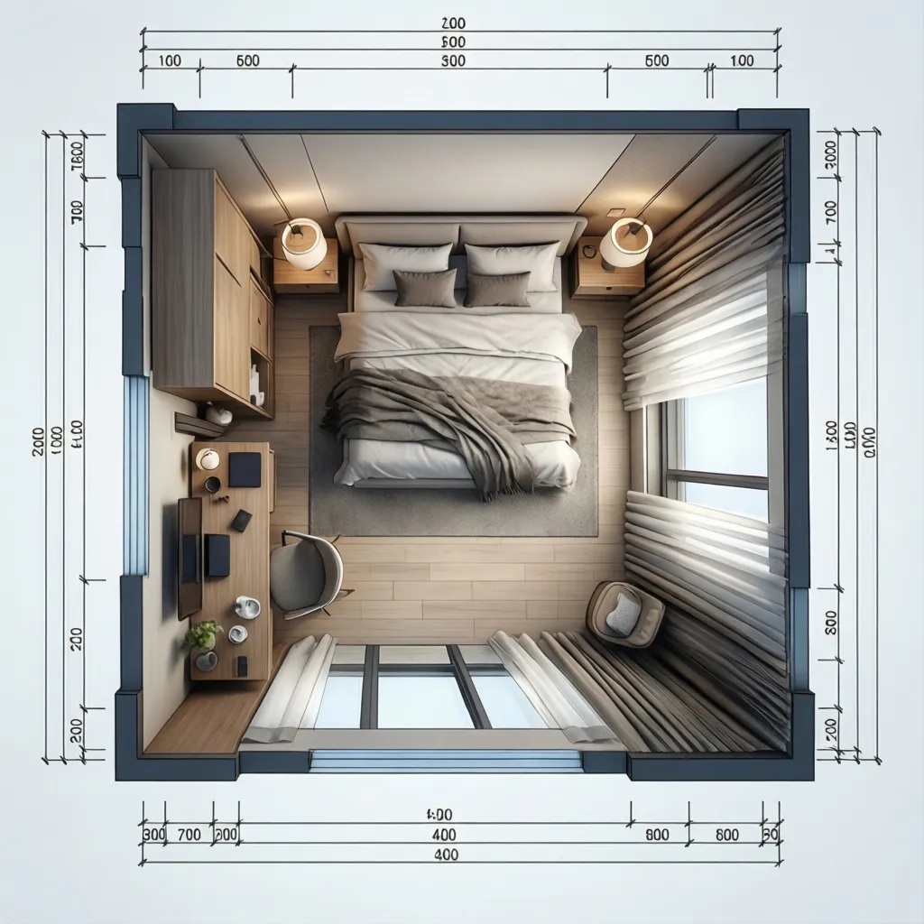 Plano digital de una habitación con muebles colocados en vista superior