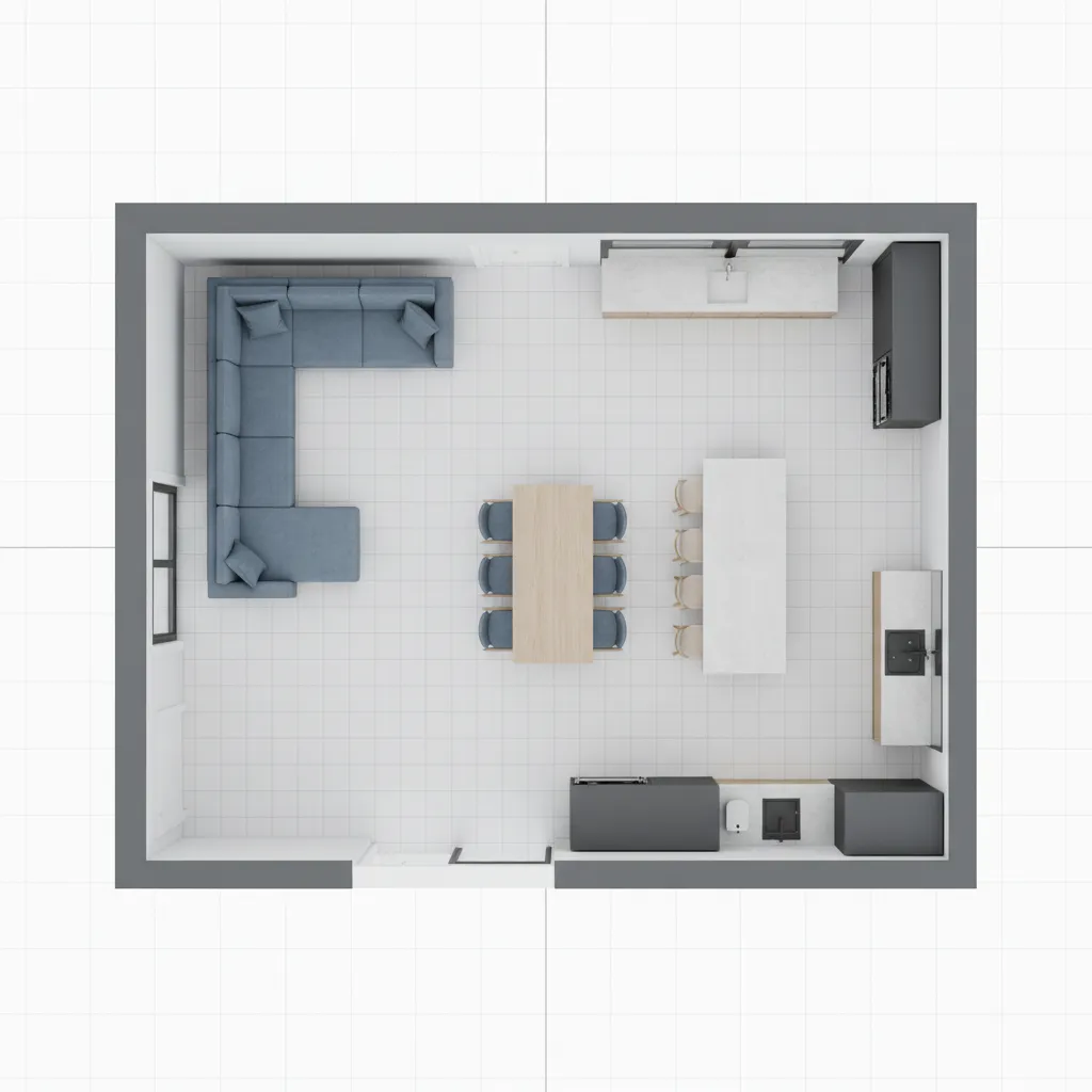 Plano digital de una habitación con muebles colocados a escala