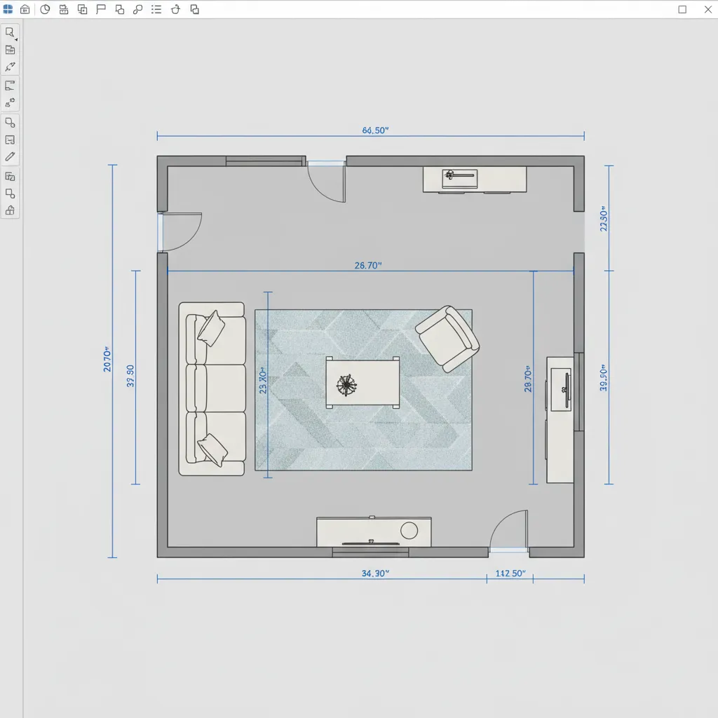 Plano digital de una habitación con muebles y medidas visibles