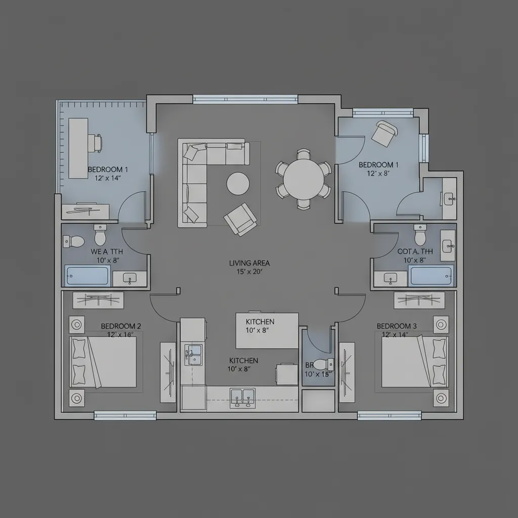 Plano digital de apartamento con medidas y distribución de habitaciones