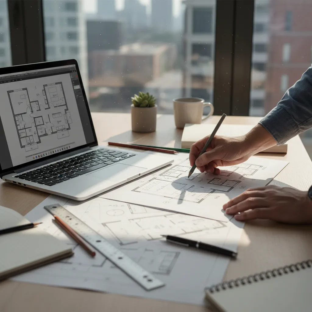 diseñador creando un plano de distribución de vivienda