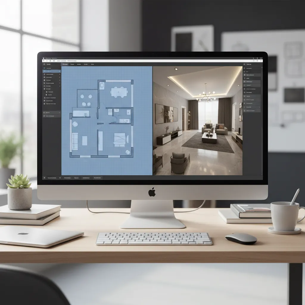 Interfaz de software mostrando plano de una vivienda en 2D y 3D