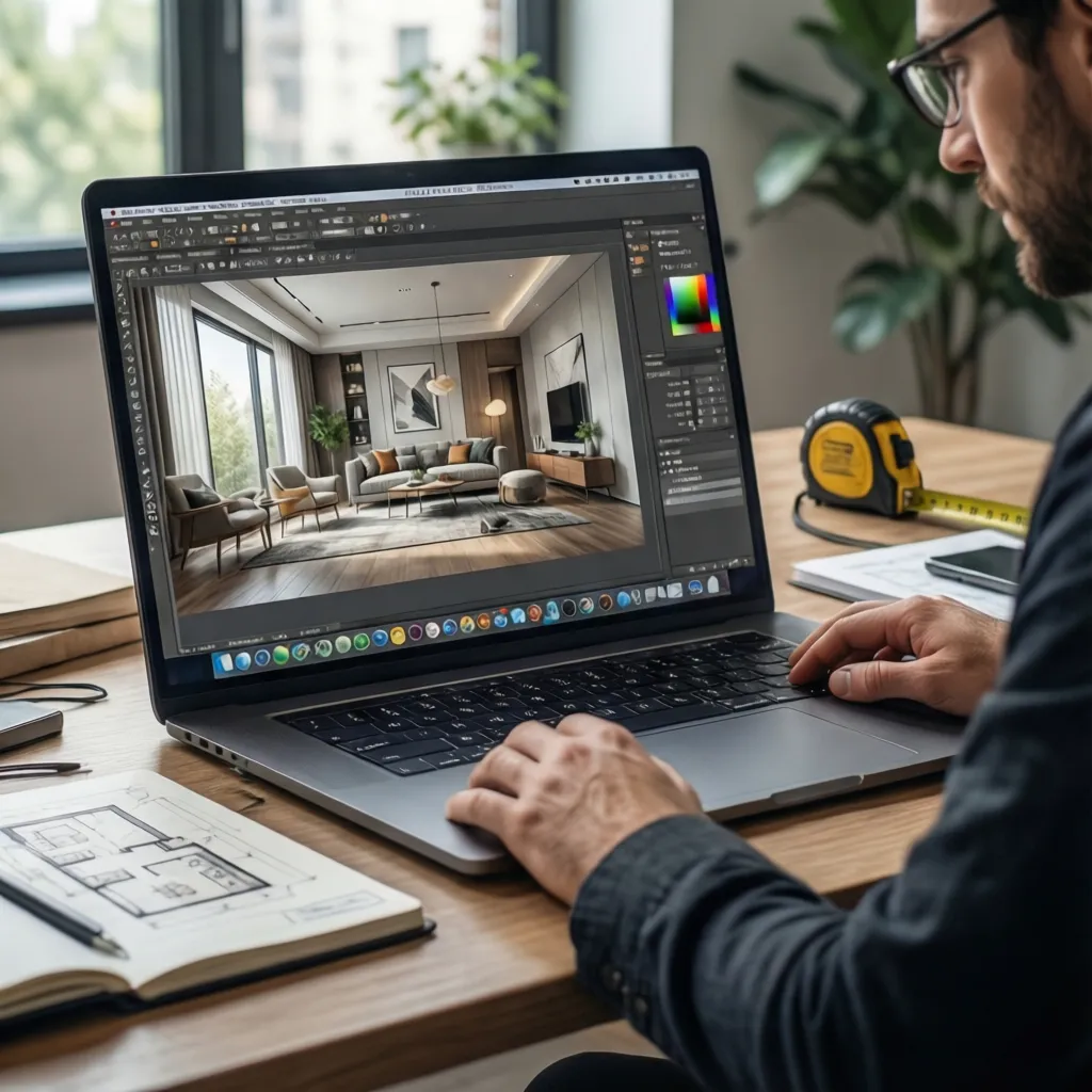 Persona creando el plano de una habitación en una aplicación de diseño en laptop