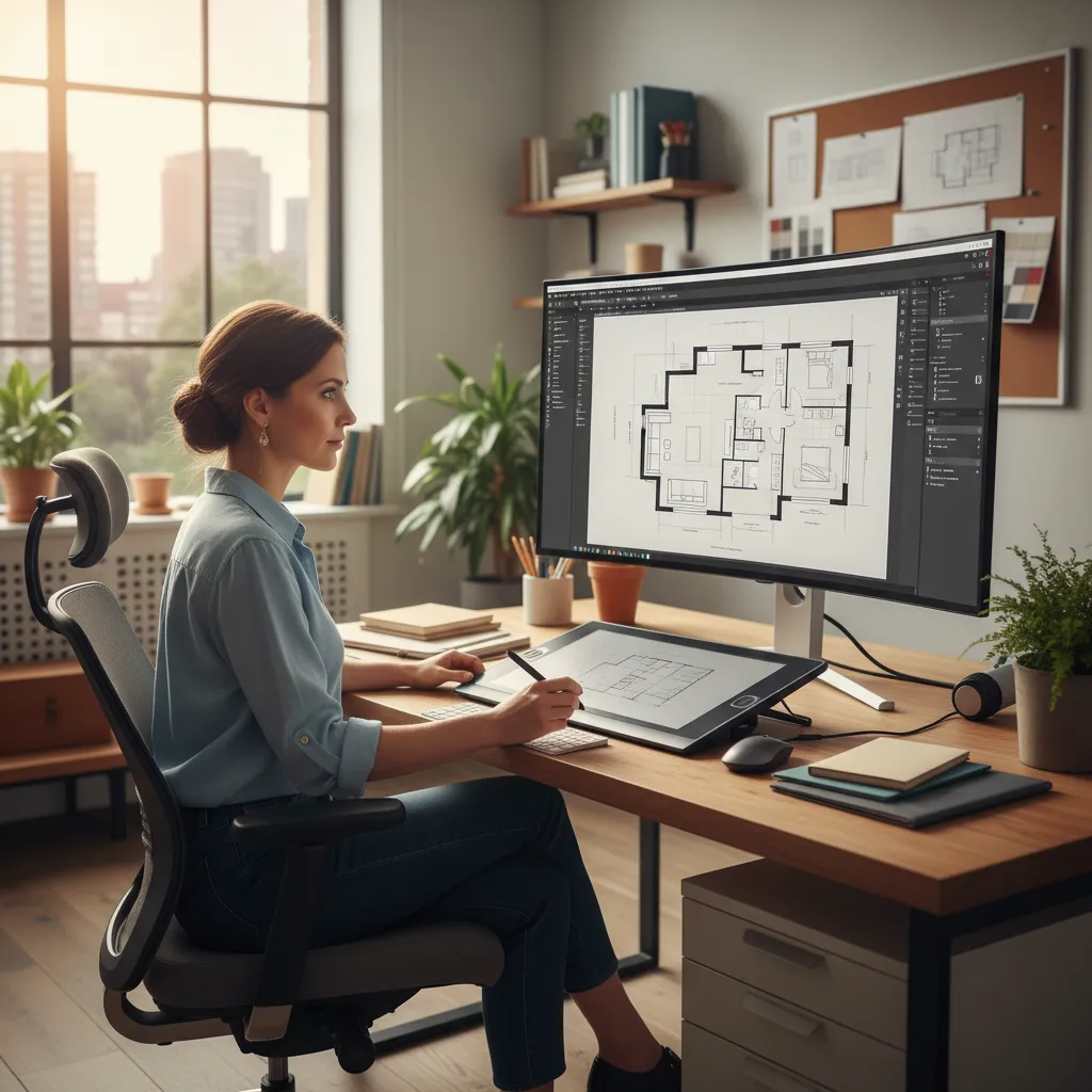 Diseñador digital creando la distribución de una casa en el ordenador