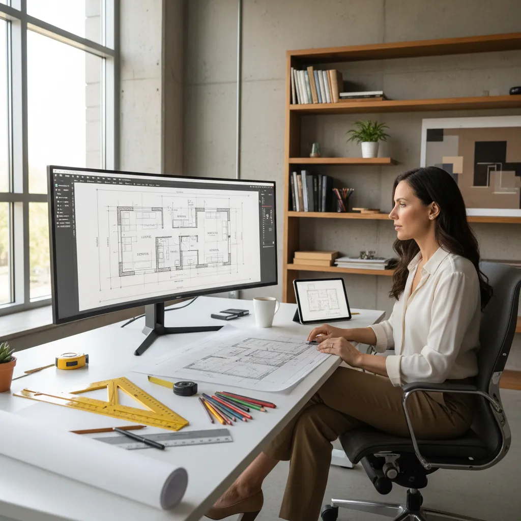 Diseñador creando plano de vivienda en ordenador con software de planificación