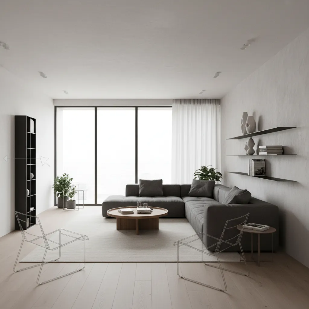 Proceso de añadir muebles a un modelo 3D de una habitación