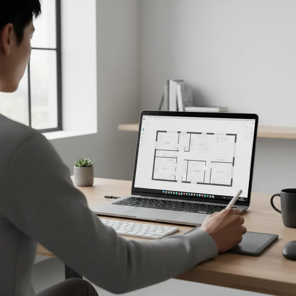 designer creating a simple 2D floor plan layout on laptop software