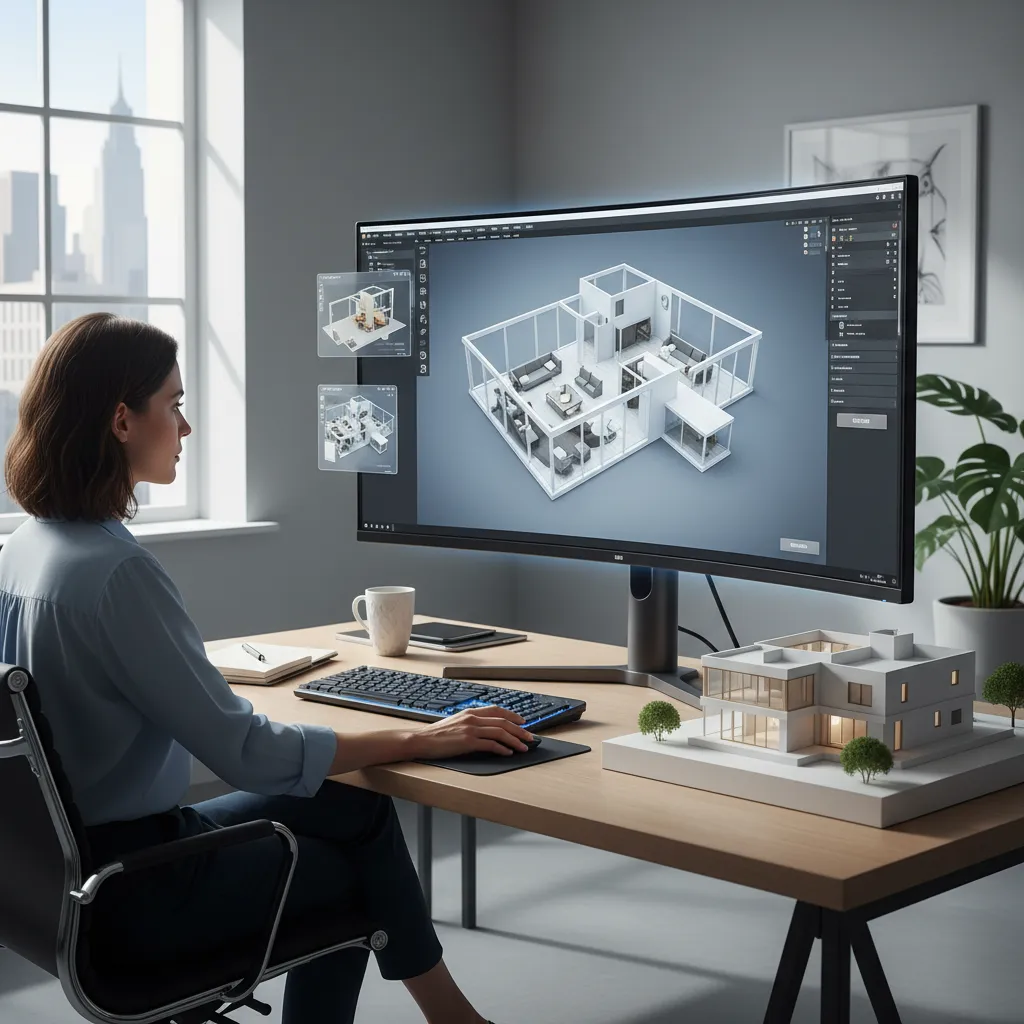 Diseñador creando un plano 3D de vivienda en ordenador