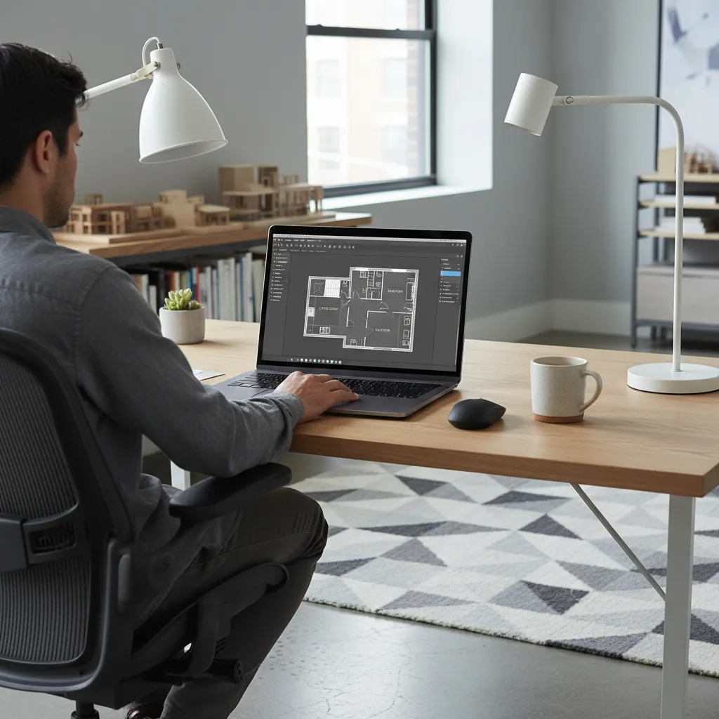 Man using a laptop at a desk to design a room layout floor plan design