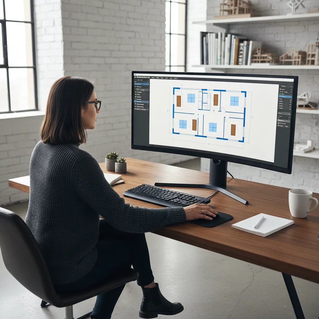 Designer arranging rooms in digital floor plan software on a PC