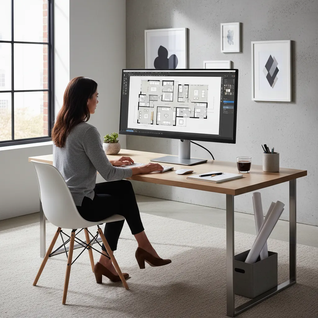designer creating house floor plan layout on computer software