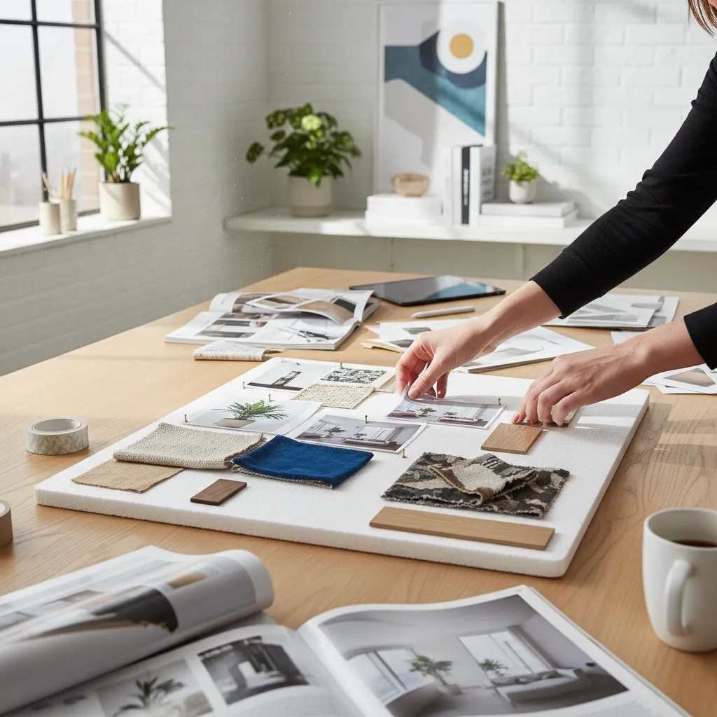 Diseñador organizando fotos y muestras de materiales para crear un collage de interiores