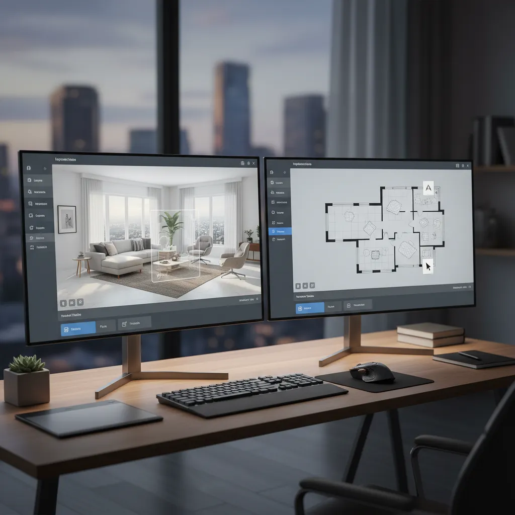 Two computer monitors on wooden desk showing living room 3D design and 2D floor plan