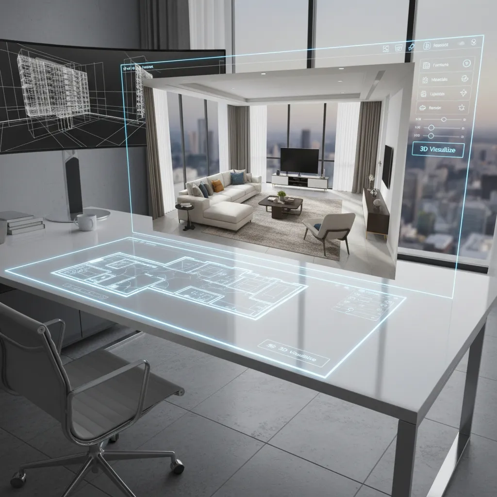 Plano digital de salón con colocación de sofá en software de diseño