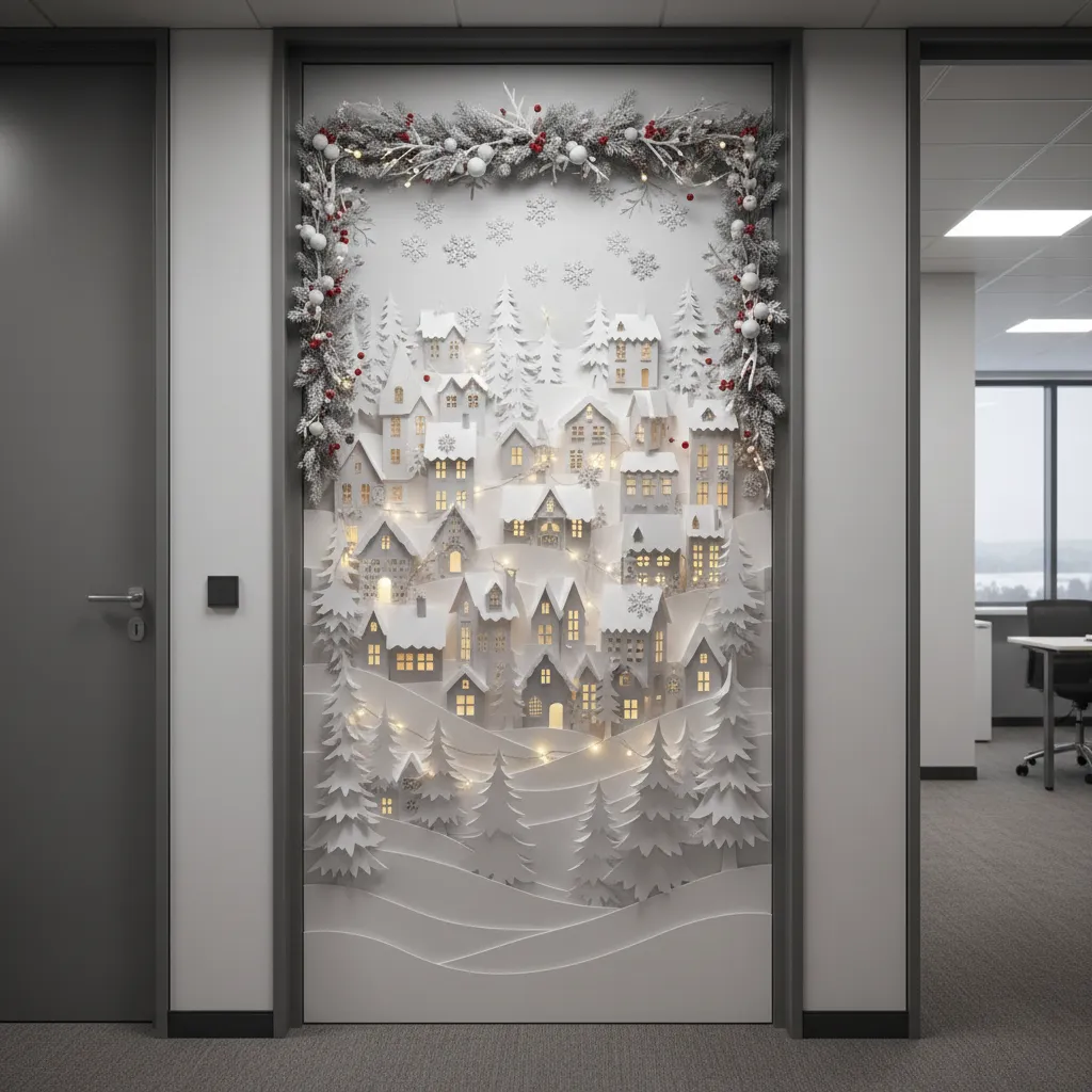 Creative 3D winter village office door Christmas decoration with layered paper elements