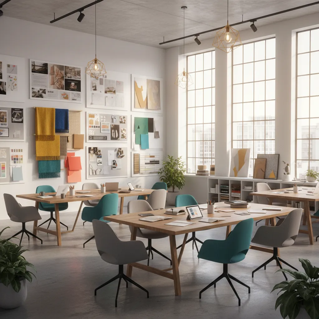 creative design studio workspace with large collaboration tables and presentation walls