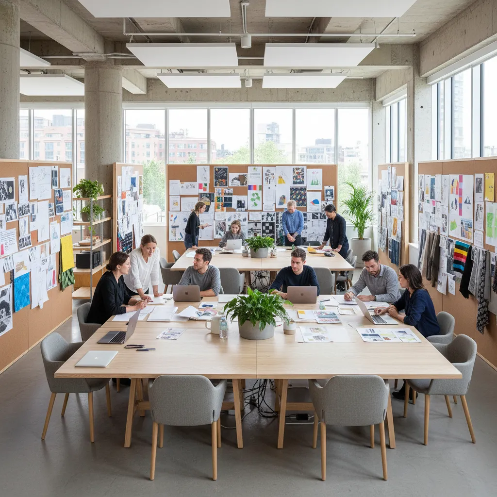 Creative agency landscape office with collaborative tables and design teams working together