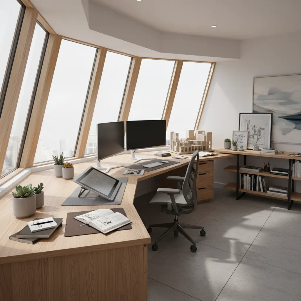 Curved desk following bay window shape used by a creative professional