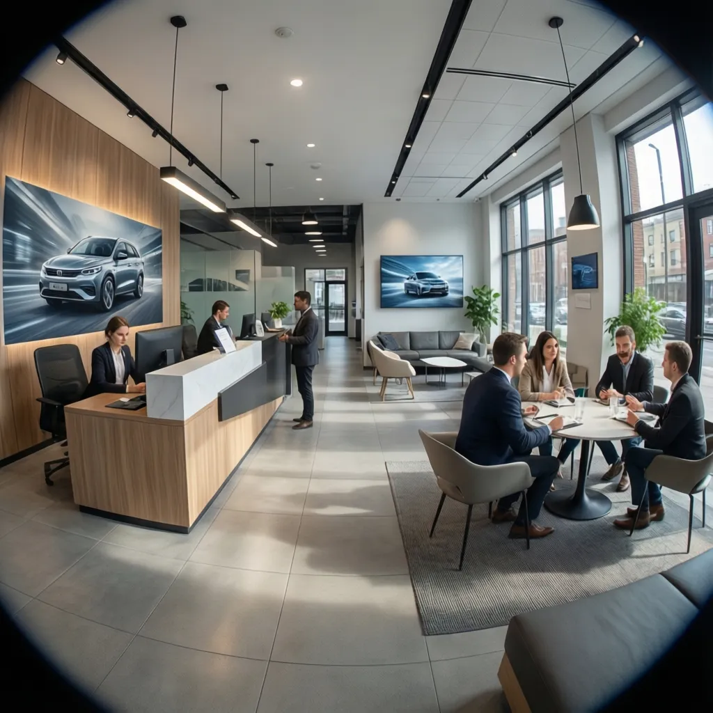 modern creative car rental office with open reception desk and lounge seating
