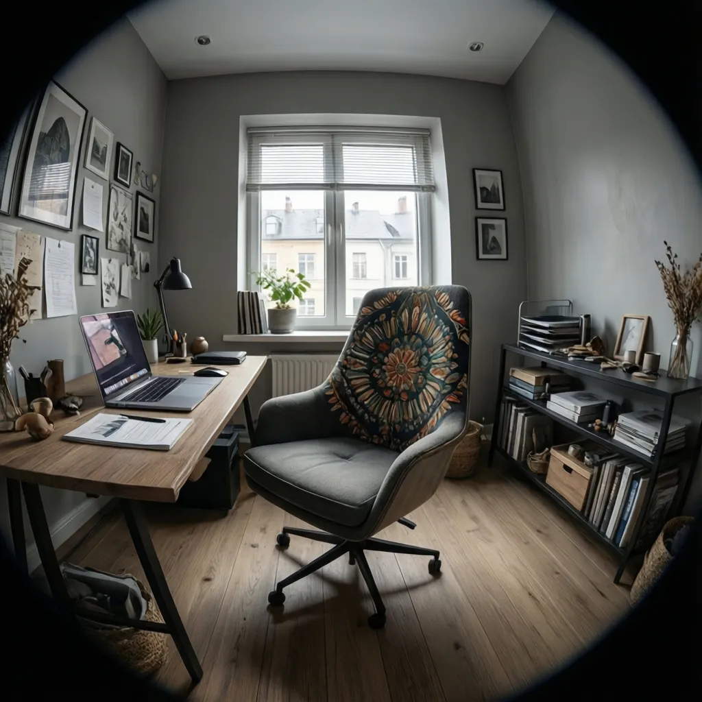 Home office with decorative chair used as workspace seating