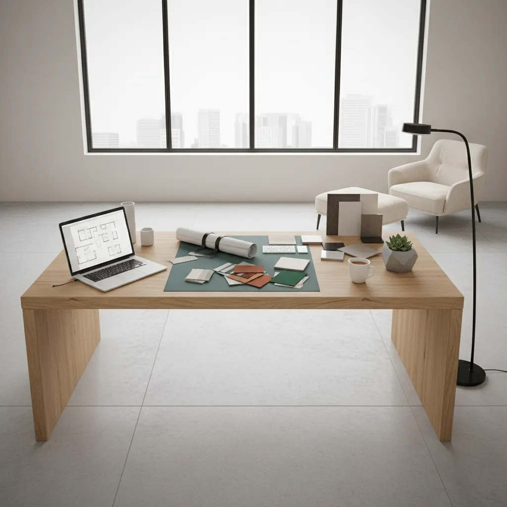 Designer workspace with interior materials, floor plans, and laptop